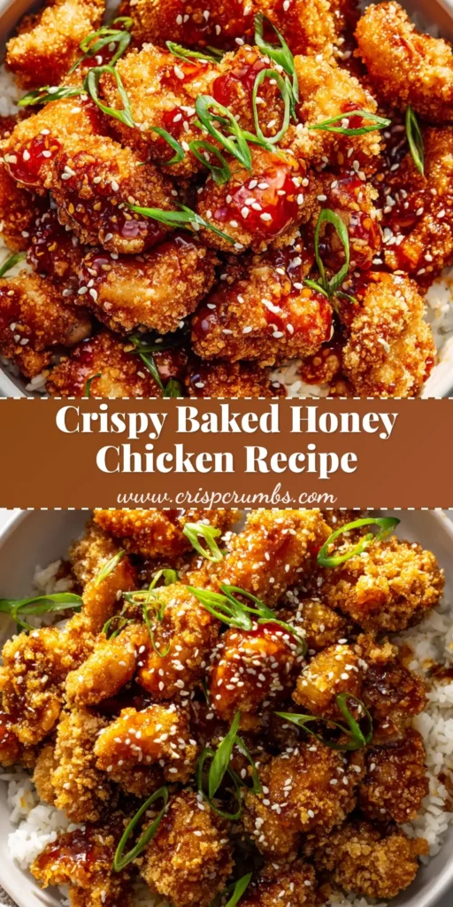 A sharable pin image for a crispy baked honey chicken recipe. The chicken bites are golden-brown and glistening in a white bowl. (Baked Honey Chicken)