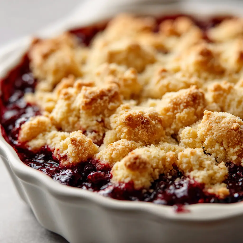 A close-up view of thick, golden-brown baked crumble topping with bubbling dark red berry juice seeping through. (Crumble Topping Recipe)