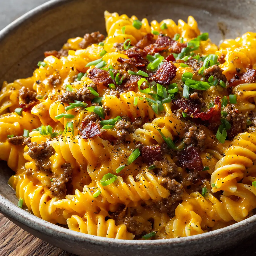 An overhead shot of Bacon Cheeseburger Pasta, generously garnished with crispy dark red bacon bits, chopped green onions, and cracked black pepper.