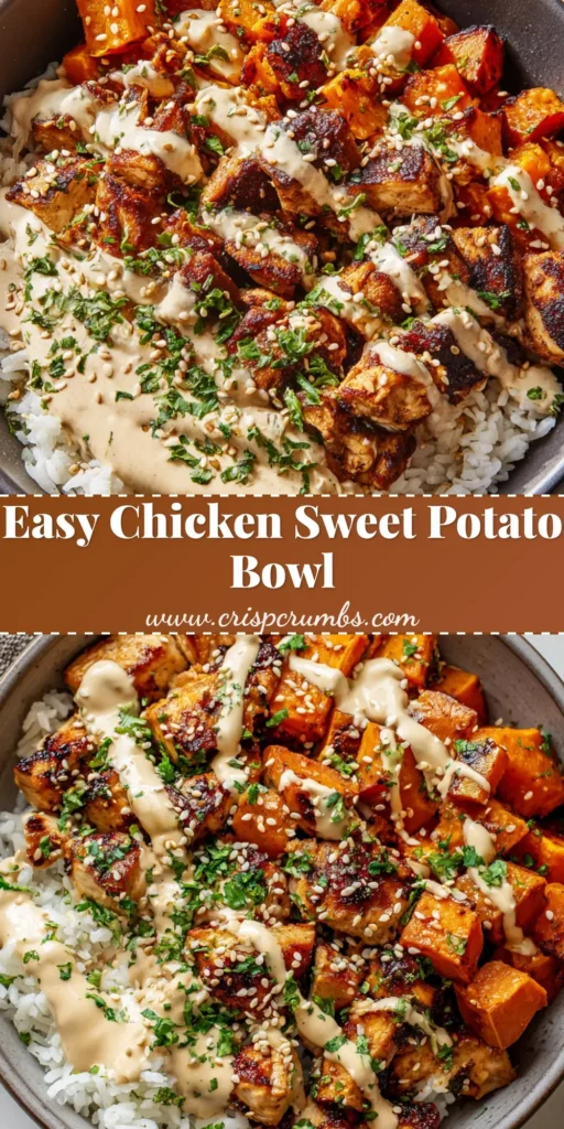 Vibrant Chicken Sweet Potato Bowl (Easy & Healthy) 4 A close-up, top-down view of a healthy Chicken Sweet Potato Bowl in a matte ceramic bowl. The bowl contains fluffy rice, caramelized sweet potatoes, spiced chicken, a creamy tahini drizzle, and is garnished with parsley and sesame seeds.
