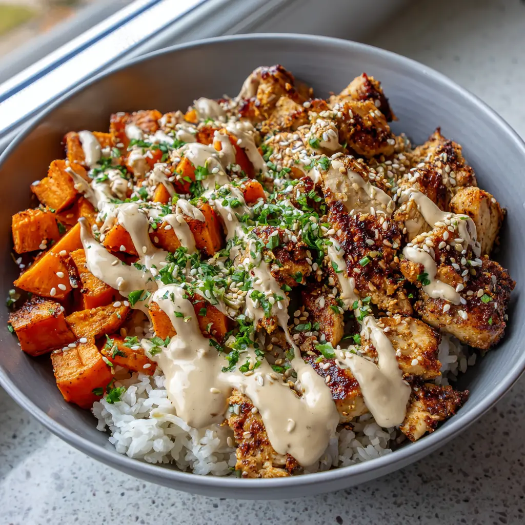Vibrant Chicken Sweet Potato Bowl (Easy & Healthy) 1 A detailed view of the creamy tahini sauce drizzled over the chicken and sweet potatoes, garnished with fresh parsley flakes and toasted sesame seeds.