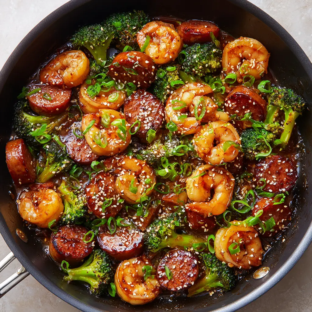 A detailed photo of the Honey Garlic Shrimp and Sausage, showing the seared edges on the sausage and the light caramelization on the plump shrimp.