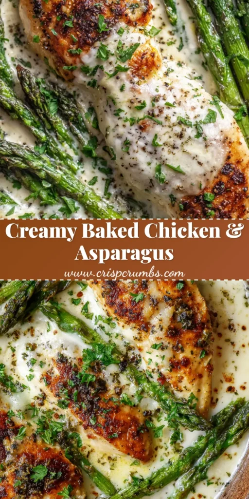 An overhead shot of creamy baked chicken and asparagus in a rustic pan. The golden-brown chicken and bright green asparagus are covered in a glossy cream sauce and topped with melted mozzarella and fresh parsley.