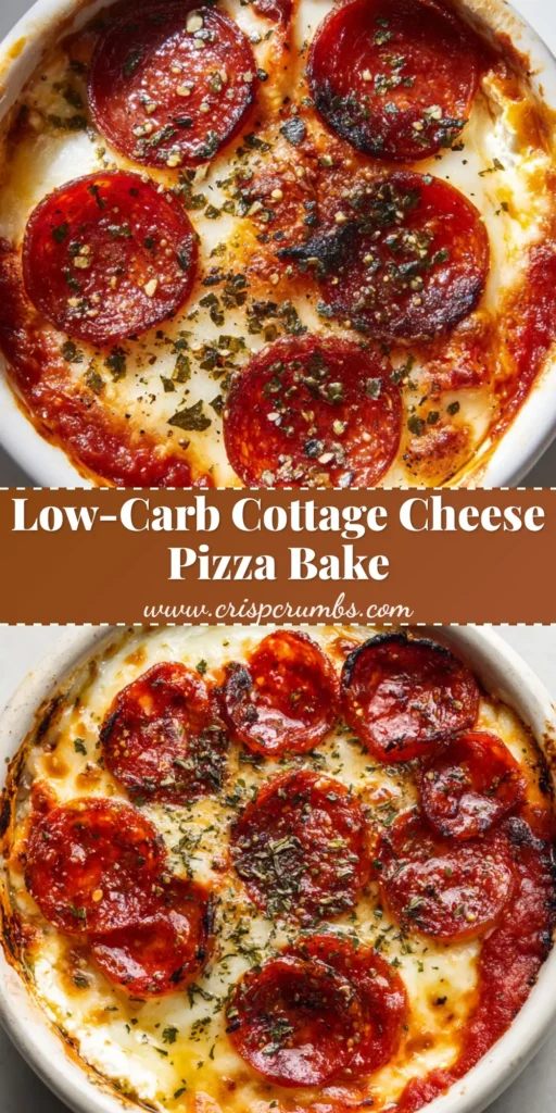A close-up overhead shot of a hot, baked Cottage Cheese Pizza Bake served in a rustic white ceramic ramekin with gooey mozzarella and charred pepperoni.