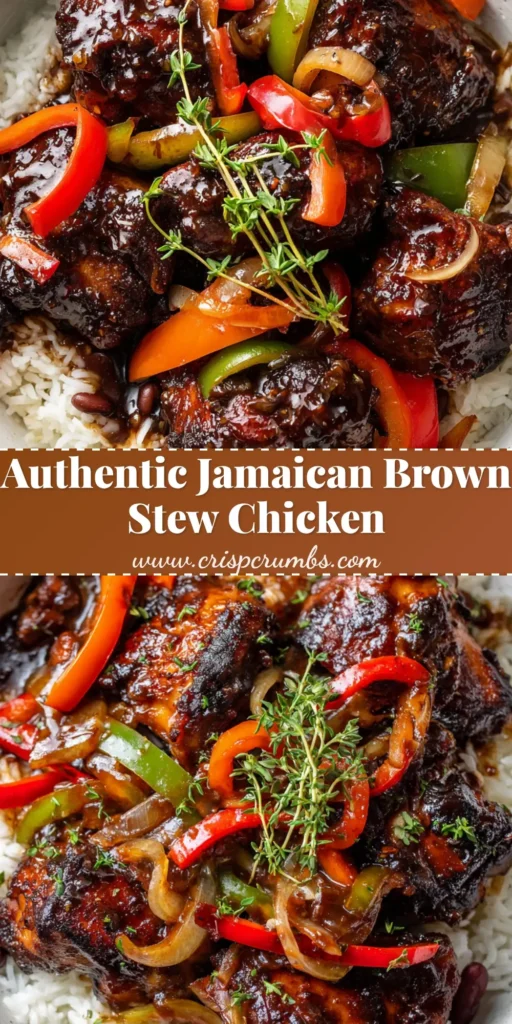 A close-up, overhead shot of authentic Jamaican Brown Stew Chicken in a rustic ceramic bowl. The chicken is deeply caramelized and glistening with a dark brown braising sauce, served over coconut rice and kidney beans, and garnished with a sprig of fresh thyme.