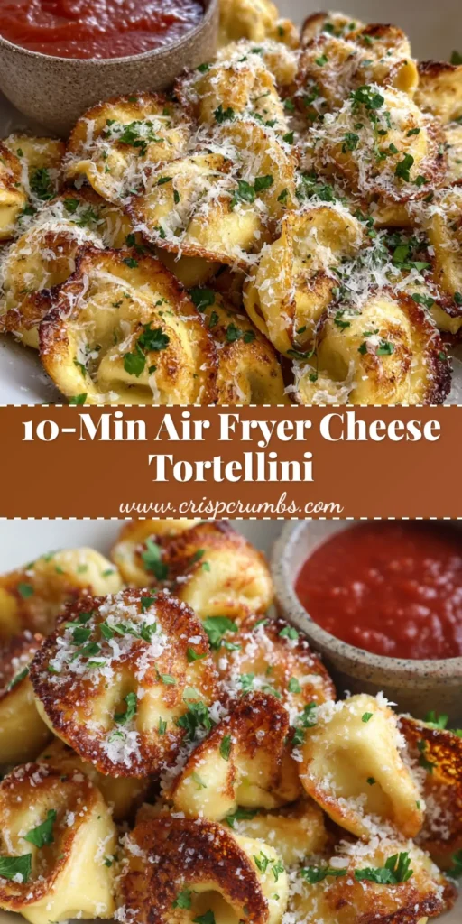 A shallow matte white ceramic bowl filled with golden brown, crispy Air Fryer Cheese Tortellini topped with fresh parsley and parmesan.