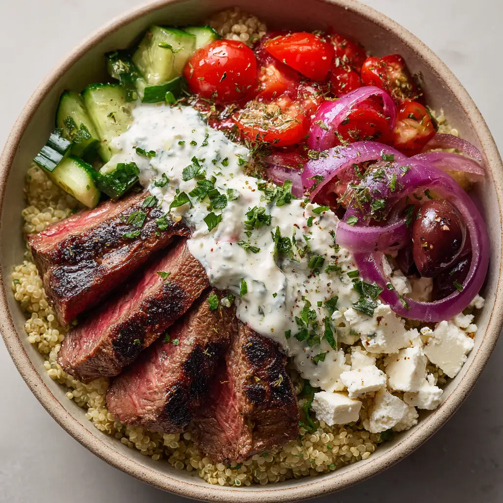 Thick slices of medium-rare grilled steak with charred grill marks resting on a cutting board next to a bowl of fluffy cooked quinoa.