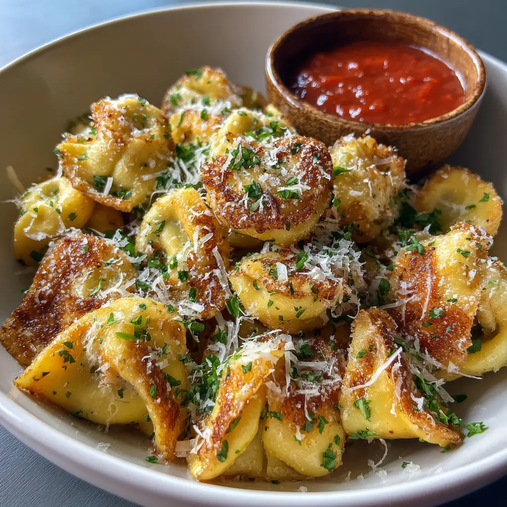 Golden brown, air-fried cheese tortellini with blistered edges piled high in a shallow ceramic bowl.