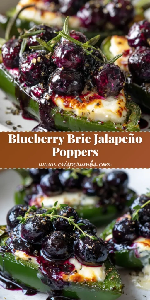 A close-up of halved roasted green jalapeno peppers filled with bubbly melted white brie cheese and topped with a thick, dark purple sweet blueberry glaze.