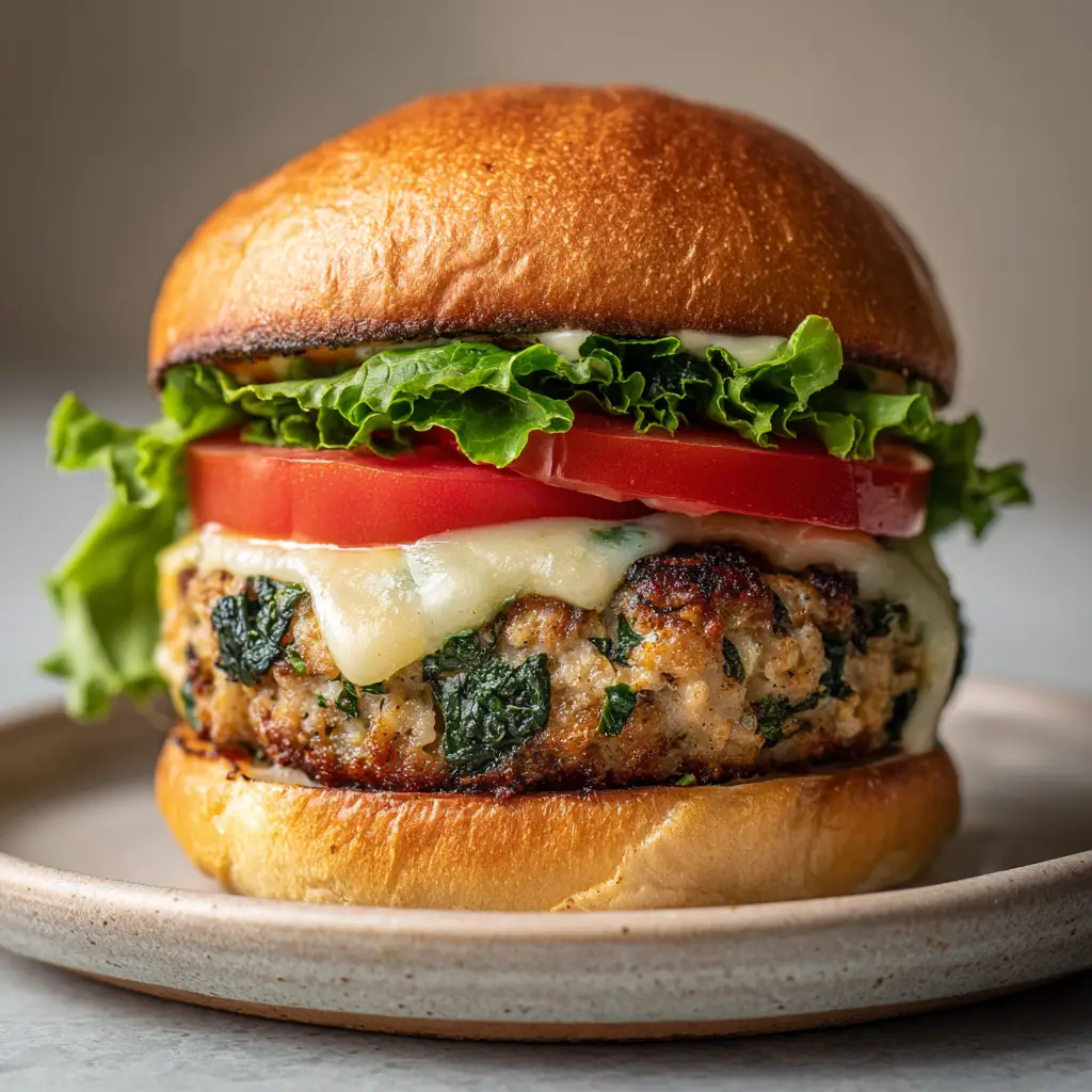 A perfectly plated Spinach Chicken Burger on a matte ceramic plate, topped with crisp lettuce, sliced tomatoes, and creamy mayo.