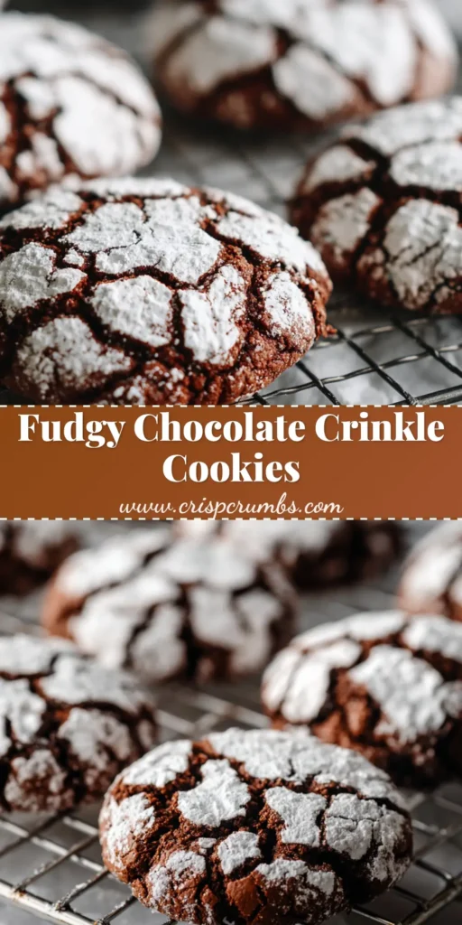 A stack of freshly baked Chocolate Crinkle Cookies with a thick powdered sugar coating and deep surface cracks, revealing a moist fudgy interior.