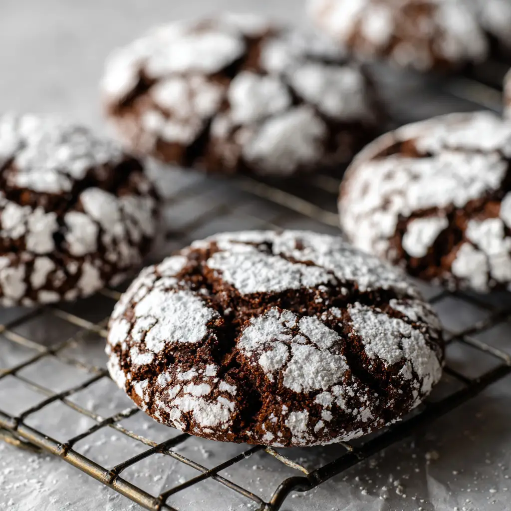 Detailed view of the moist fudgy chocolate crevices inside a freshly baked chocolate crinkle cookie surrounded by stark white powdered sugar.