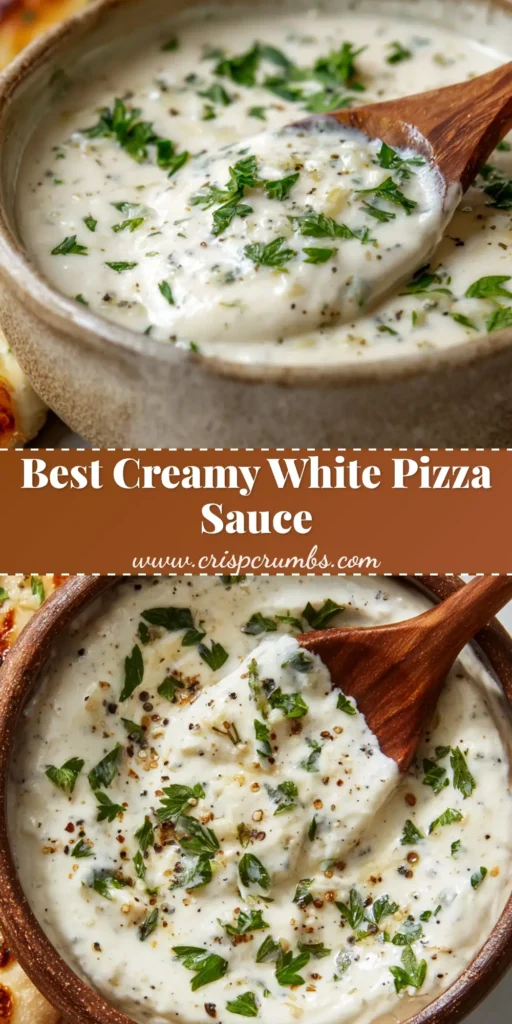 A rustic ceramic bowl of thick, creamy White Garlic Pizza Sauce garnished with fresh parsley next to a slice of blistered golden-brown pizza.