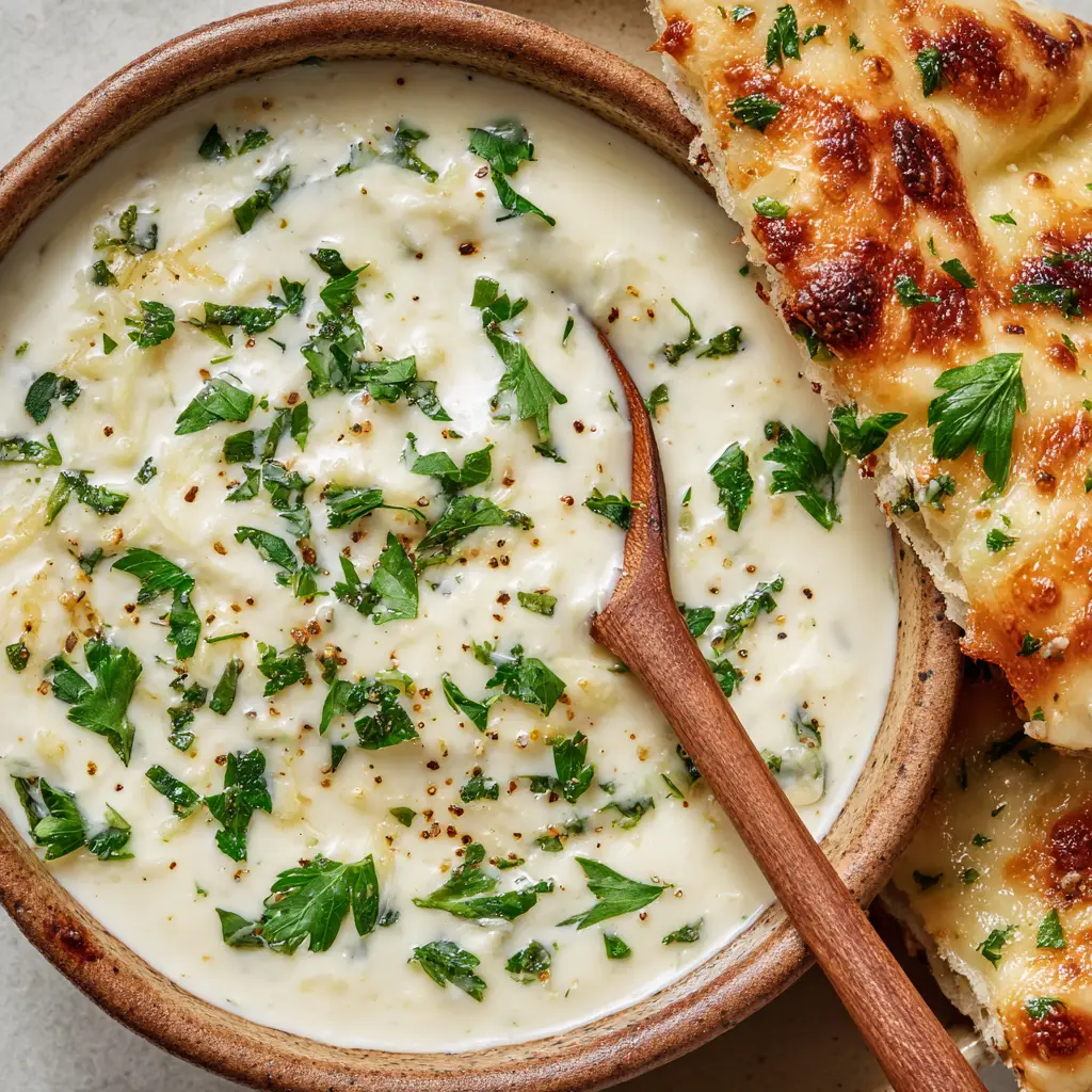 A bowl of rich white pizza sauce next to a partially visible slice of white pizza featuring a blistered, golden-brown crust and melted bubbly mozzarella.