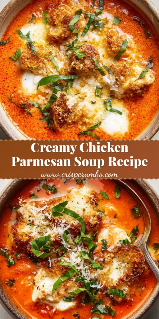 A close-up top-down view of a rustic ceramic bowl filled with a thick, creamy reddish-orange Creamy Chicken Parmesan Soup broth. It features cooked white chicken breast chunks, melted mozzarella cheese, finely grated parmesan, toasted breadcrumbs, chopped fresh parsley, and torn fresh basil leaves.