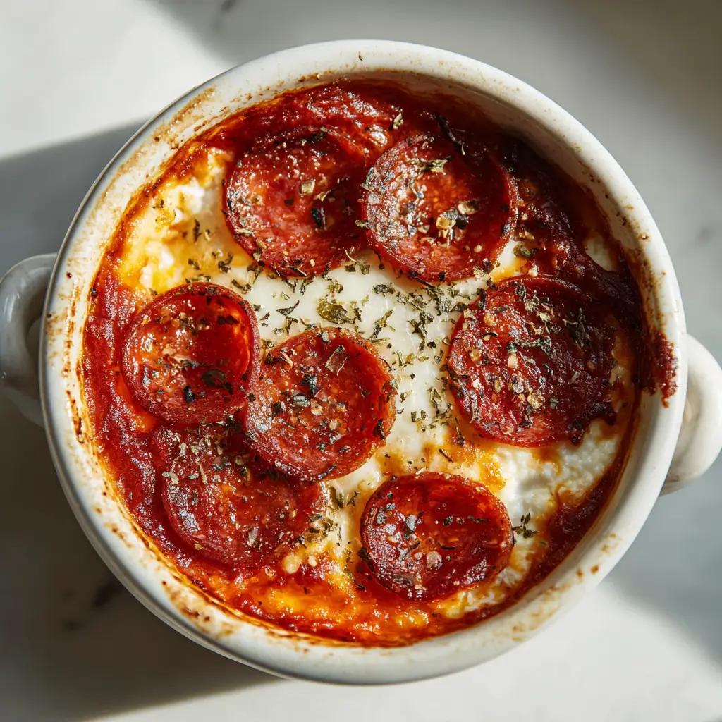 Layering marinara sauce over seasoned cottage cheese for a Cottage Cheese Pizza Bake.