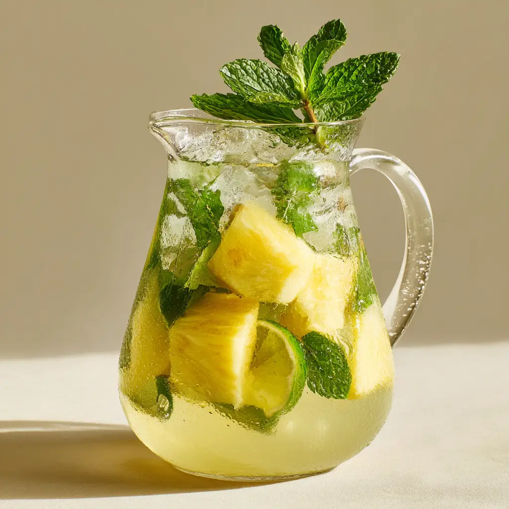 Top down view of Pineapple Sangria showing submerged crystalline square ice cubes, thin circular raw green lime slices, and textured fresh mint leaves.
