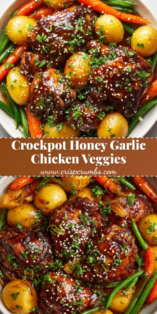 A close-up, overhead shot of a white shallow serving bowl filled with slow-cooked chicken thighs, soft yellow potatoes, carrots, and green beans coated in a glossy dark amber honey garlic sauce.