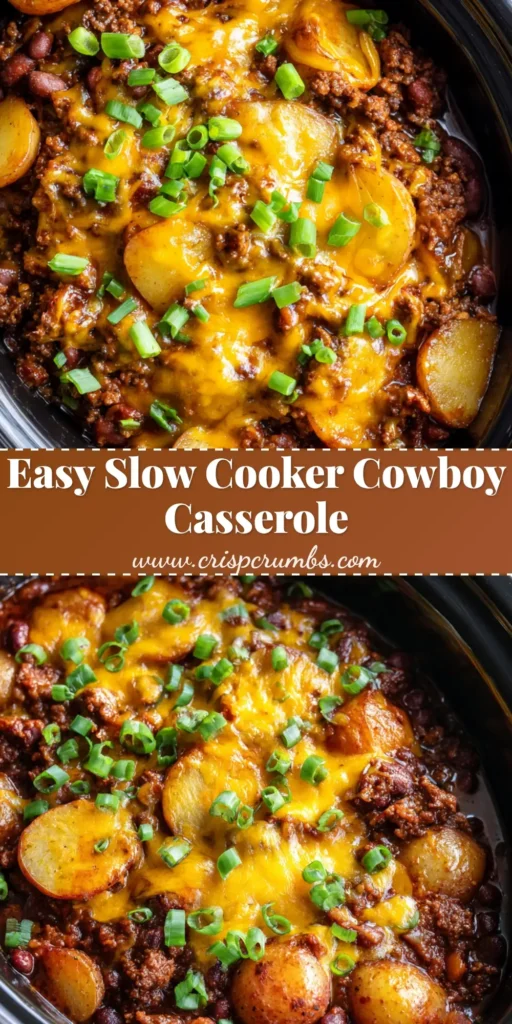 Close-up overhead shot of Slow Cooker Cowboy Casserole with a thick gooey layer of melted yellow and orange cheddar cheese, scallions, and sliced potatoes in a black ceramic insert.