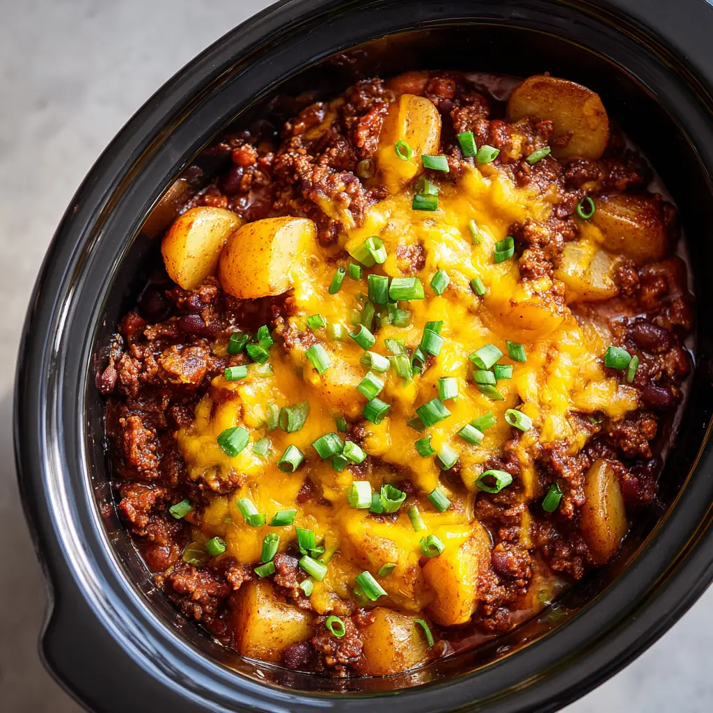 Overhead view of tightly packed translucent sliced potatoes smothered in melted cheddar cheese with a green scallion garnish in a slow cooker.