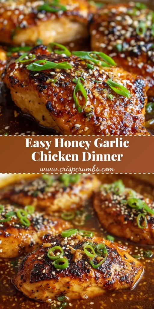 A close-up view of golden-brown pan-seared Honey Garlic Chicken Breasts with a thick, glossy amber-brown glaze, garnished with sesame seeds and green scallions.