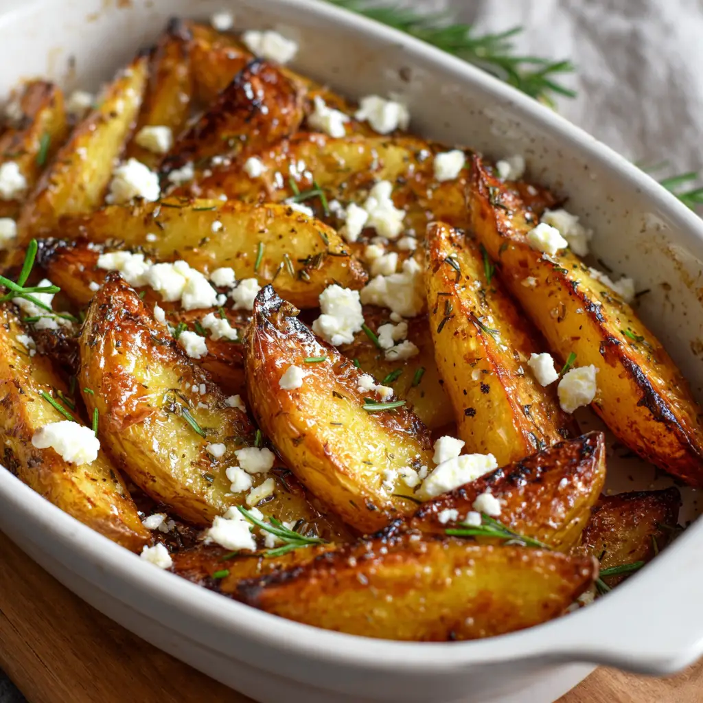 A rustic white ceramic baking dish filled with roasted Greek Lemon Potatoes scattered with chopped green rosemary needles and white feta.