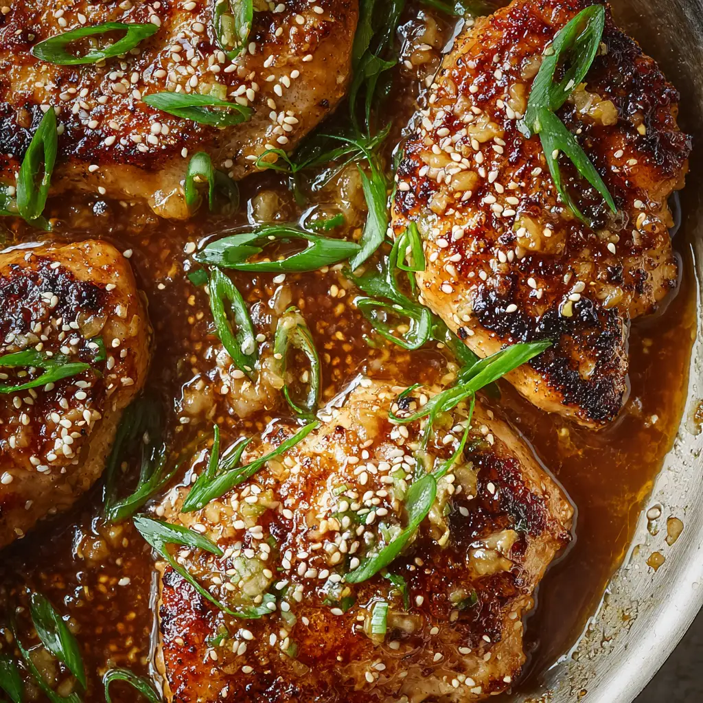 Close-up of golden-brown chicken breast coated in a viscous amber sauce, topped with toasted white sesame seeds and vibrant green scallions.