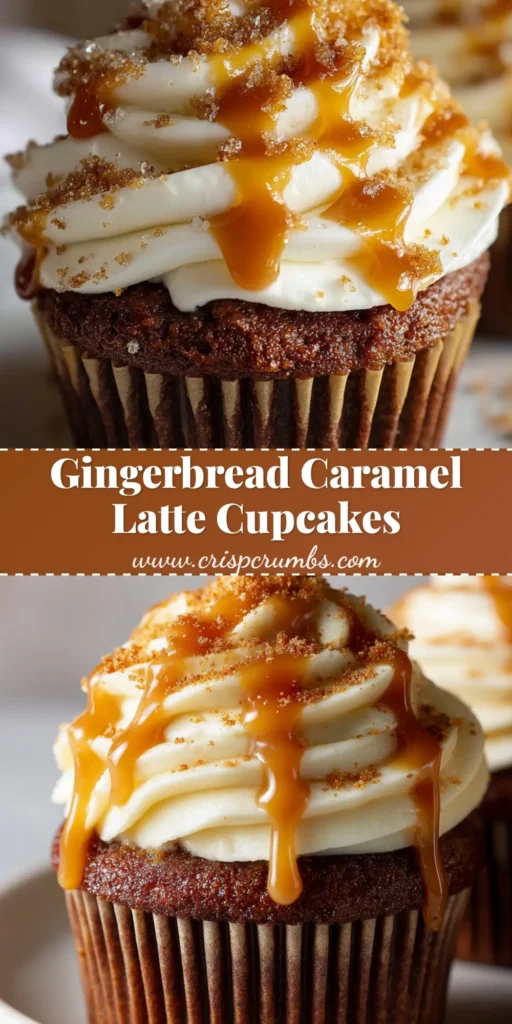 Gingerbread Caramel Latte Cupcakes: The Ultimate Holiday Bake 4 A close-up of a dark moist Gingerbread Caramel Latte Cupcake topped with tall vanilla coffee buttercream, caramel drizzle, and gingerbread crumbs.