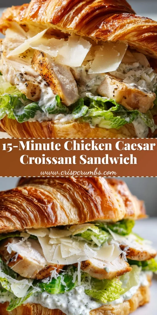 The Ultimate Chicken Caesar Croissant Sandwich 4 A towering Chicken Caesar Croissant Sandwich loaded with thick sliced grilled chicken, creamy Caesar dressing, crisp romaine lettuce, and shaved parmesan on a flaky bakery croissant.