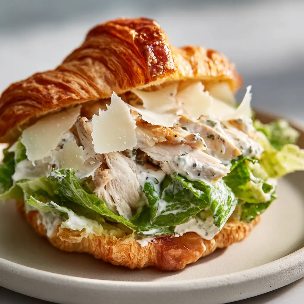 The Ultimate Chicken Caesar Croissant Sandwich 1 Freshly assembled chicken Caesar croissant sandwich resting on a simple white ceramic plate under soft natural daylight.