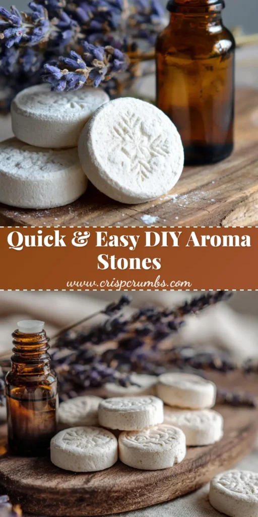 DIY Aroma Stones: The Ultimate Edible Chalky Lavender Mints 4 A close-up view of small, round, chalky white DIY aroma stones with embossed floral patterns, an amber dropper bottle, and dried lavender on a rustic wooden board.
