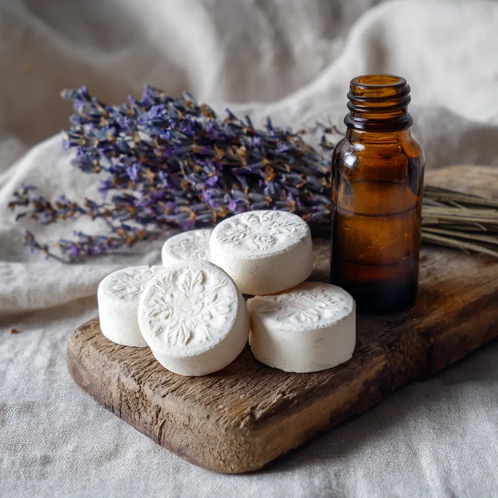 DIY Aroma Stones: The Ultimate Edible Chalky Lavender Mints 1 An amber glass essential oil dropper bottle beside round chalky DIY aroma stones and a lavender sprig.