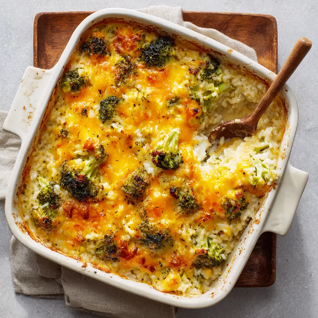 Ultimate Creamy Broccoli Cheese Rice Casserole 1 Golden-brown crispy charred cheese edges on a beautifully baked broccoli cheese rice casserole sitting on a wooden trivet.