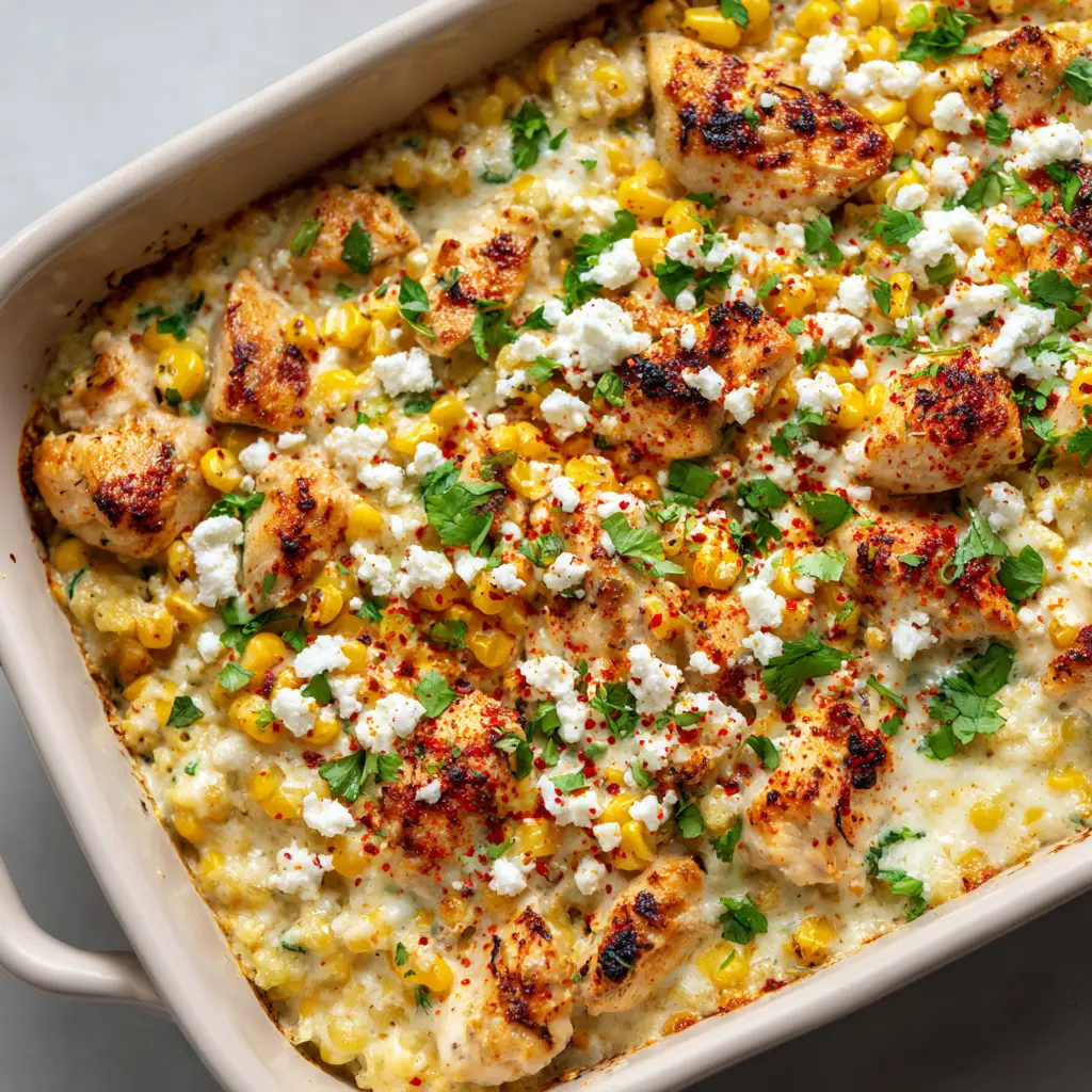Street Corn Chicken Casserole: The Ultimate Cheesy Comfort Bake 1 Street Corn Chicken Casserole generously garnished with crumbled white cotija cheese, vibrant red chili powder, and green cilantro leaves.