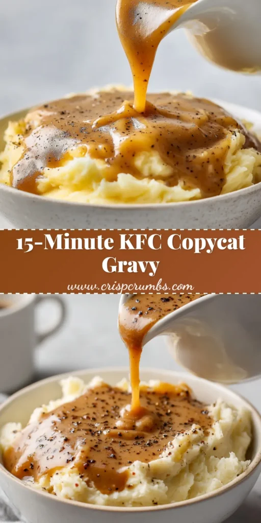 A classic white ceramic gravy boat pouring thick, glossy Homemade KFC Gravy heavily speckled with coarse black pepper over fluffy mashed potatoes.