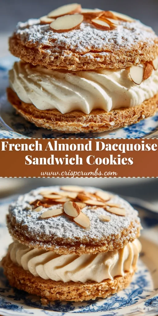 A crisp golden-brown French Almond Cookie sandwich with fluffy pale toasted almond cream and a powdered sugar dusting.