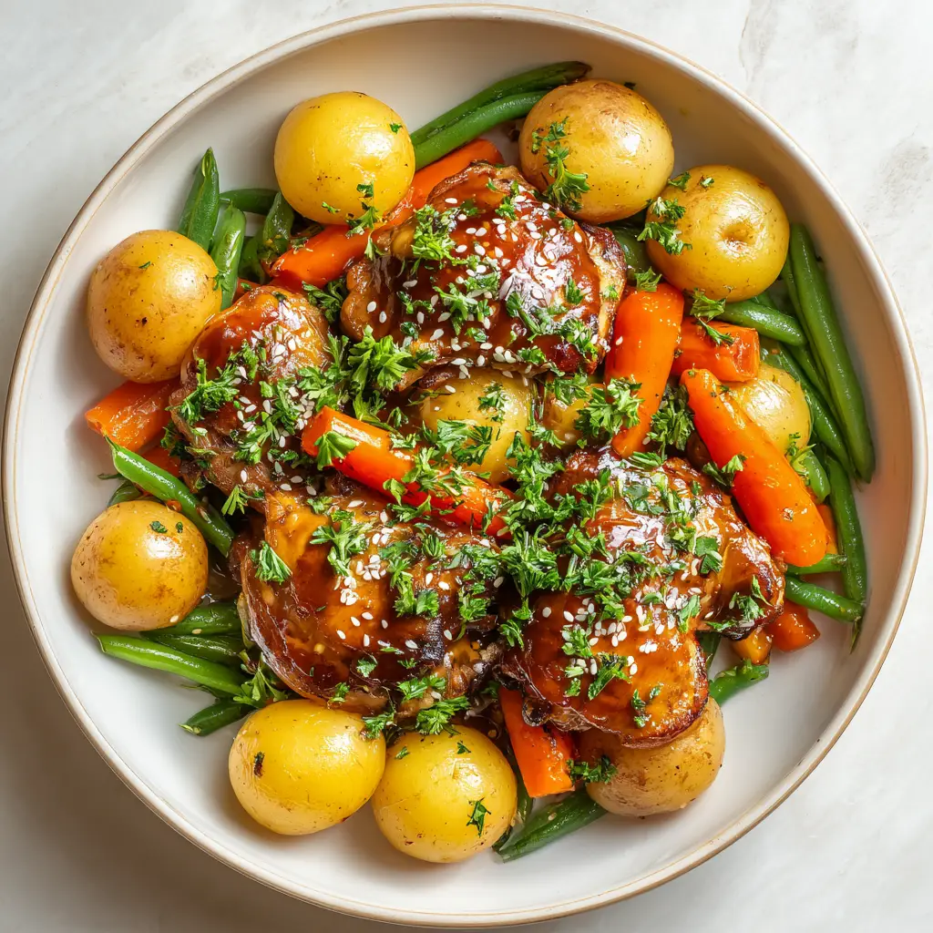 Slow cooker filled with seared chicken thighs, baby yellow potatoes, and carrots ready to be slow-cooked.
