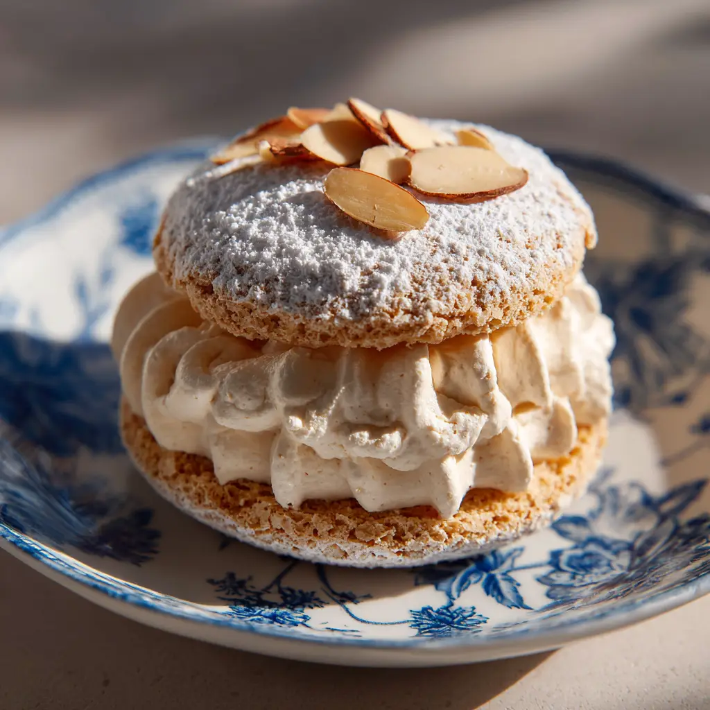 Detailed shot of fluffy pale toasted almond cream piped beautifully between two crisp golden-brown almond meringue disks.