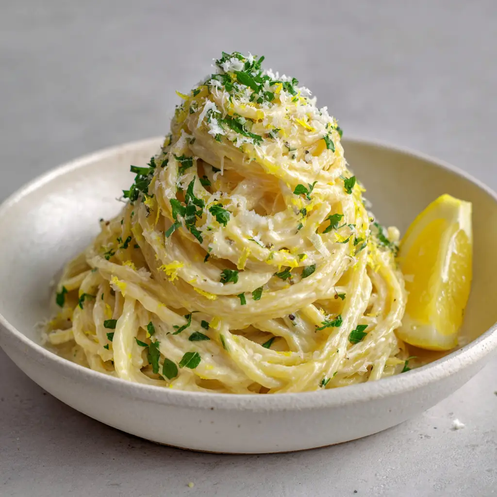 A tall mound of Lemon Ricotta Spaghetti crowned with fresh white ricotta dollops and finely grated white Parmesan cheese.