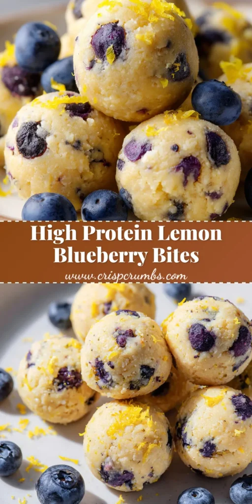 Close-up of small round pale yellow protein snack bites dotted with whole dark purple fresh blueberries and flecks of bright yellow grated lemon zest, resting on a white ceramic plate.