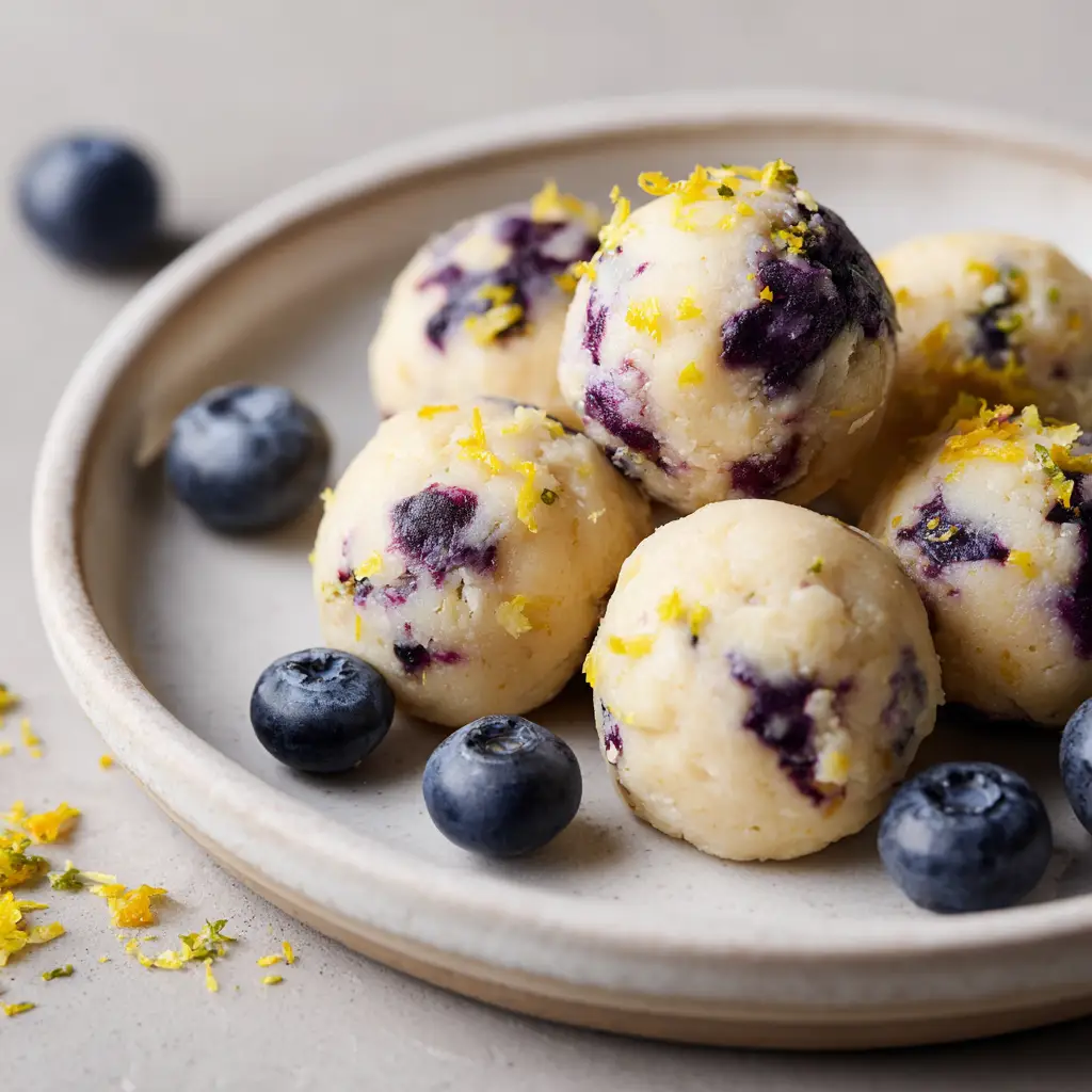 Macro shot of lemon zest and fresh whole blueberries studded inside pale yellow no-bake protein dough.