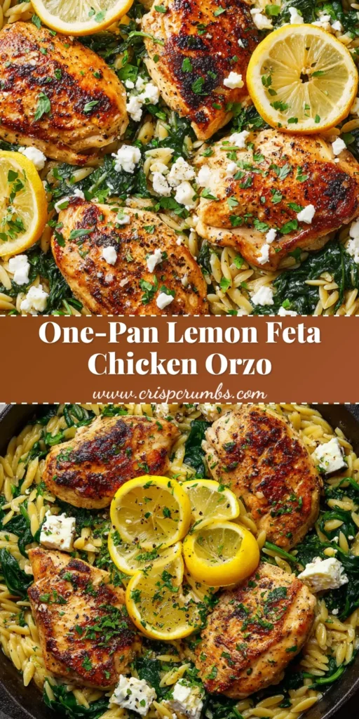 Close up top-down shot of Lemon Feta Chicken Orzo in a rustic cast iron skillet with golden-brown chicken, feta cheese, and bright yellow lemon wheels.