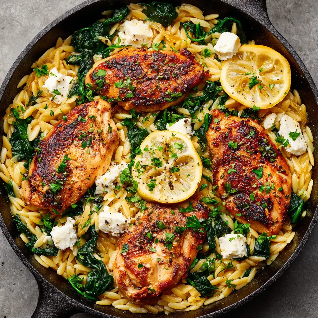 Thick crumbly blocks of stark white feta cheese and semi-translucent cooked bright yellow lemon wheels scattered over chicken and orzo.