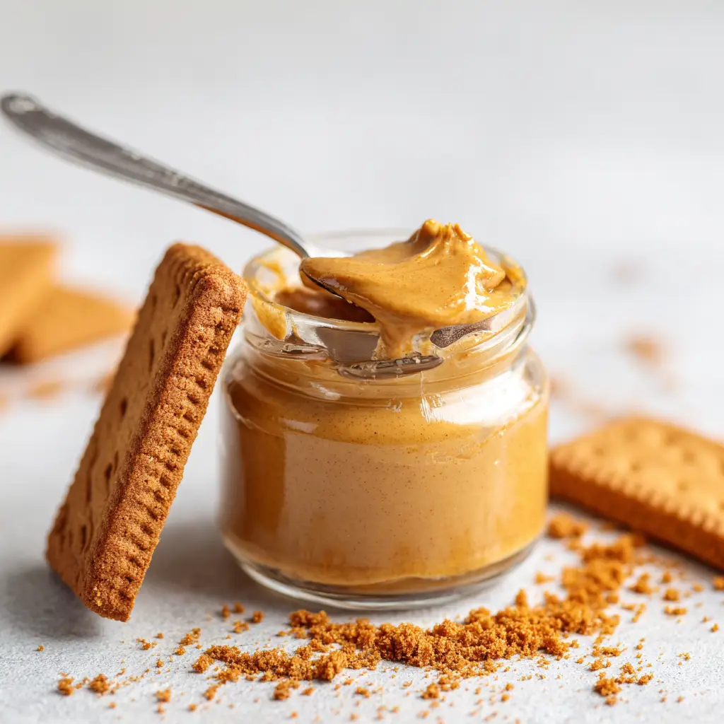 Finely crushed baked Biscoff cookie crumbs scattered around a small clear jar filled with a smooth, golden-brown homemade cookie spread.
