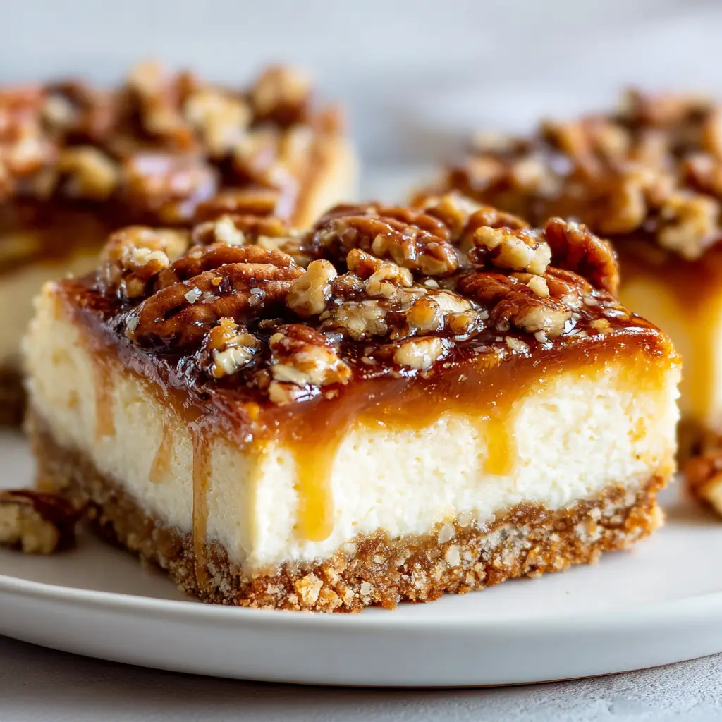 Pecan Pie Cheesecake Bars: The Ultimate Layered Dessert 1 Detailed view of the crumbly baked golden-brown graham cracker crust under a smooth cream cheese filling.