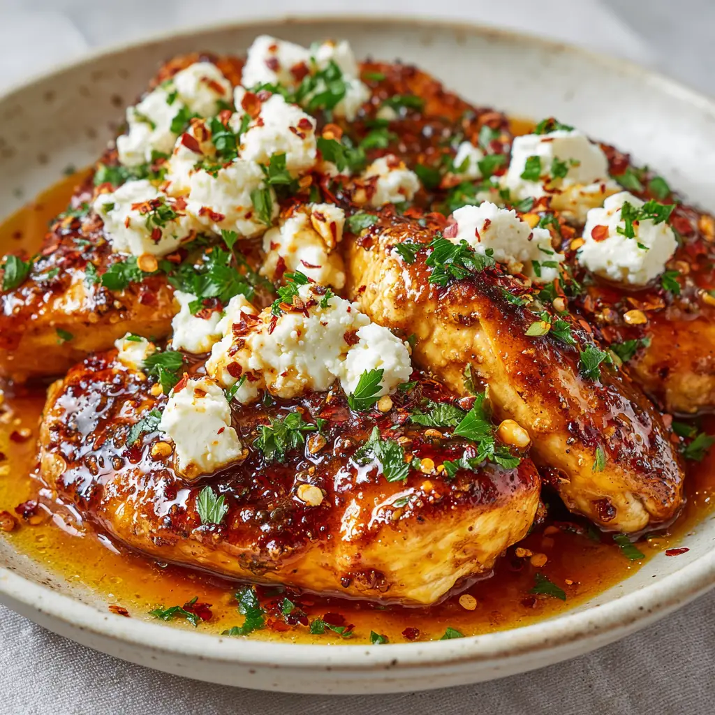 Generous chunks of creamy white crumbled feta cheese slightly melting over a freshly glazed hot honey chicken breast.
