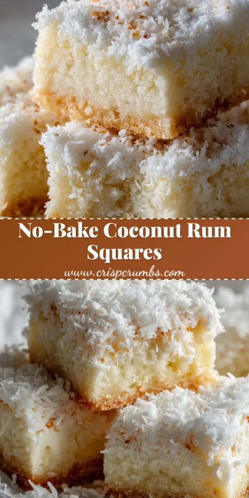 A close-up vertical pin of stacked Coconut Rum Snow Squares on crumpled white parchment paper, highlighting the thick dense base and fluffy snowy coconut topping.