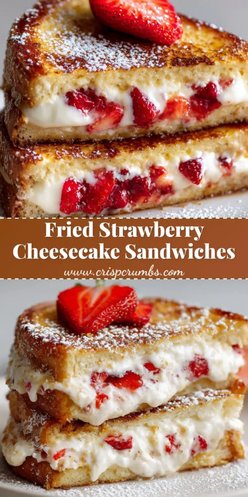 Fried Strawberry Cheesecake Sandwiches: The Ultimate Crispy Dessert 4 A stack of offset, pan-fried strawberry cheesecake sandwiches dusted with powdered sugar, showing an oozing cream cheese and glossy strawberry filling.