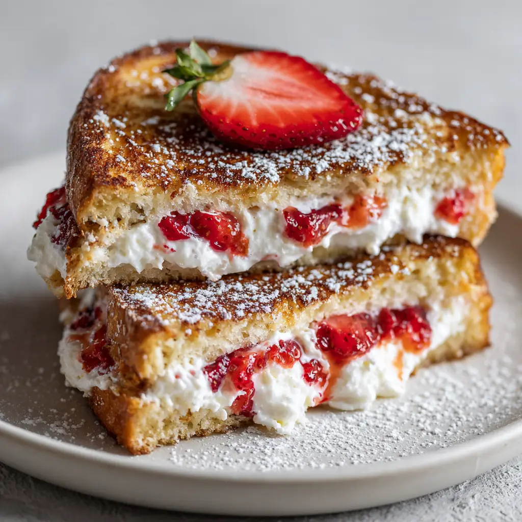 Fried Strawberry Cheesecake Sandwiches: The Ultimate Crispy Dessert 1 Fried Strawberry Cheesecake Sandwich garnished with a single fresh strawberry slice and a light dusting of white powdered sugar.