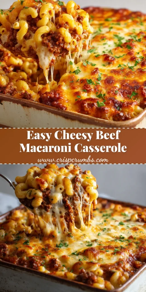A rustic rectangular ceramic baking dish filled with Beef Macaroni Casserole, featuring a thick, golden-brown melted cheddar and mozzarella cheese crust garnished with fresh chopped green parsley.